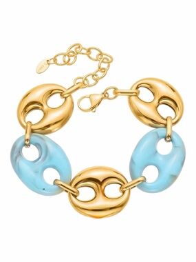 Puff Link Gold Plated & Turquoise Resin Bracelet PVD Coated NWT